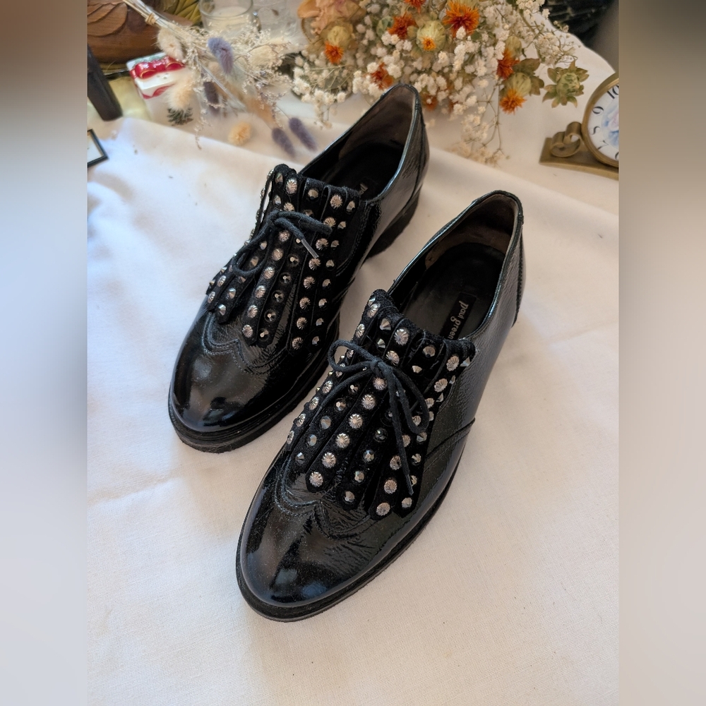 Paul Green Nobu Black Patent Leather Kiltie Studded Oxford Shoes Size 8.5